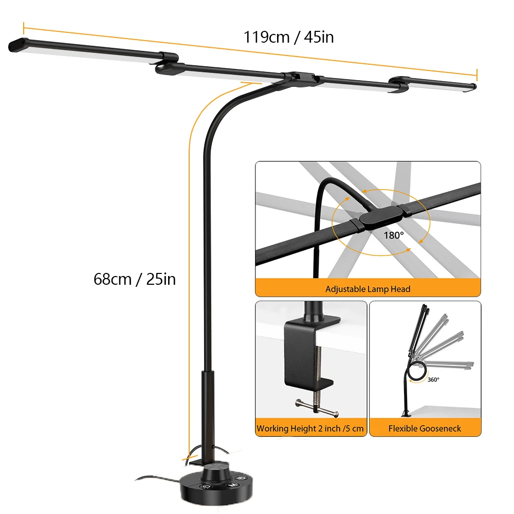 24W LED Ultra Helle Augenschonende Schreibtischlampe mit Desktop-Controller Stufenlose Dimmung 50 Dimmbare Lichtmodi 3000-6000K 2000LM 360° °   Flexible Schwanenhals-Clip-on-Schreibtischlampe für Büro