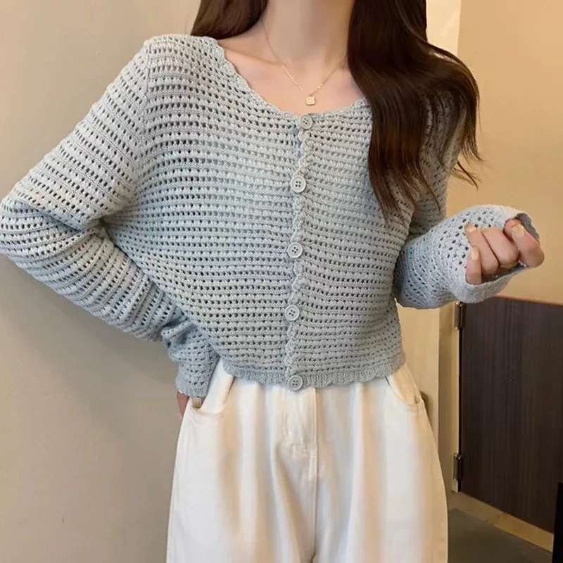 Women Buttons Up Short Cardigan Coat Knitted Hollow Out Smock Top Long Sleeved Thin Summer T-shirt Ruffles Casual Shirt E2775