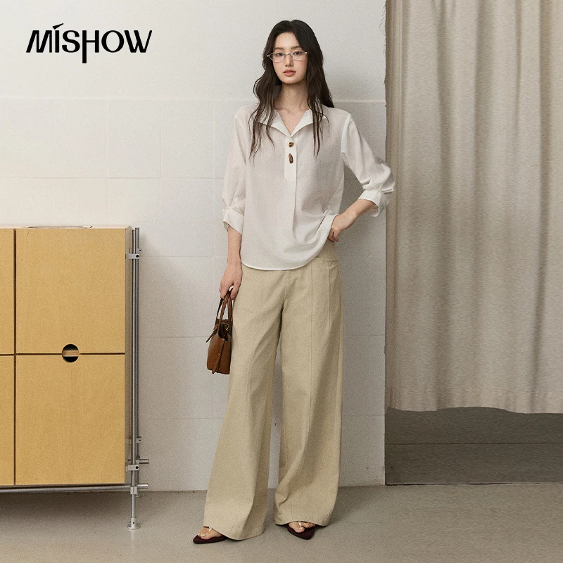 MISHOW Women's 100% Lyocell Lapel V-neck Shirt 2026 Autumn Three-quarter Sleeve Tops Elegant Commuter Casual Shirts MXF44C2571