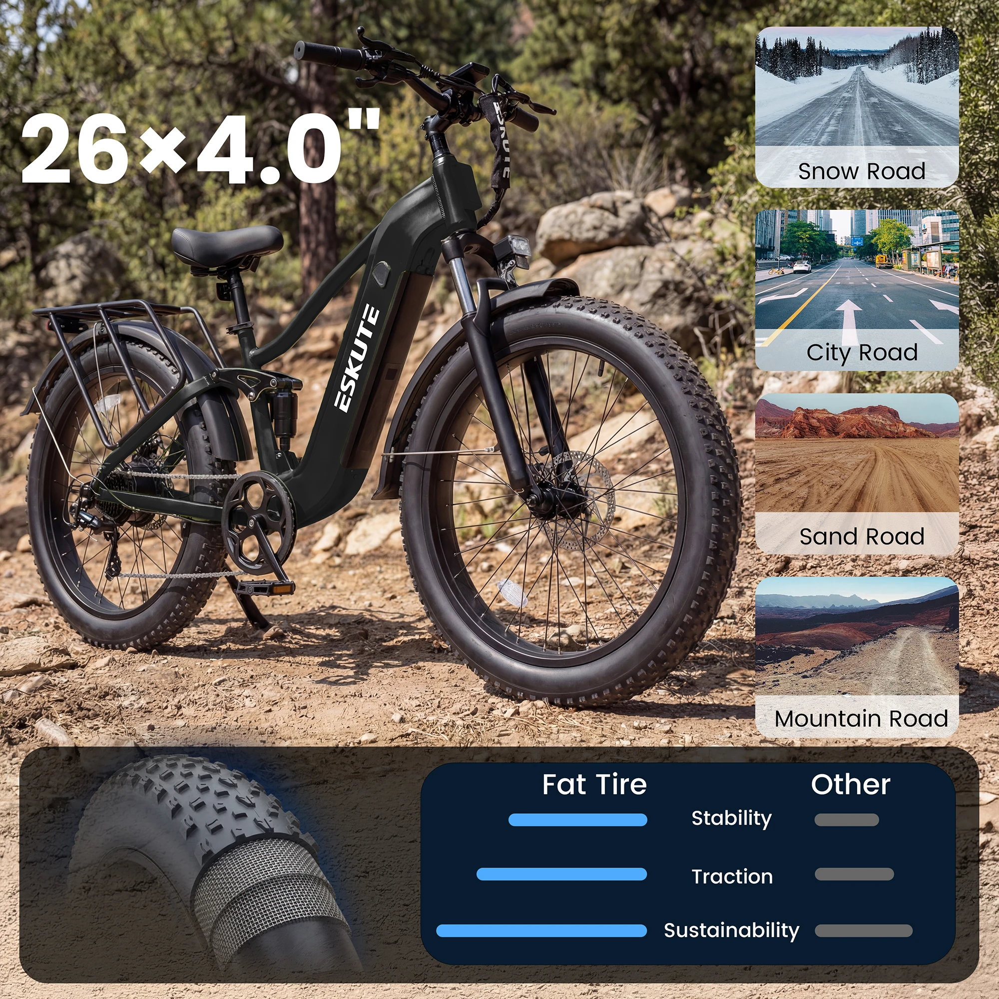 ESKUTE C300R-SO - Full Suspensions -  Electric Bike for Adults ，48V20.8Ah Battery Ebike up to 80 Miles, Peak, 26x4.0 Fat Tire Step-Over Ebike, 8-Speed, UL2849 E-Bike view 3