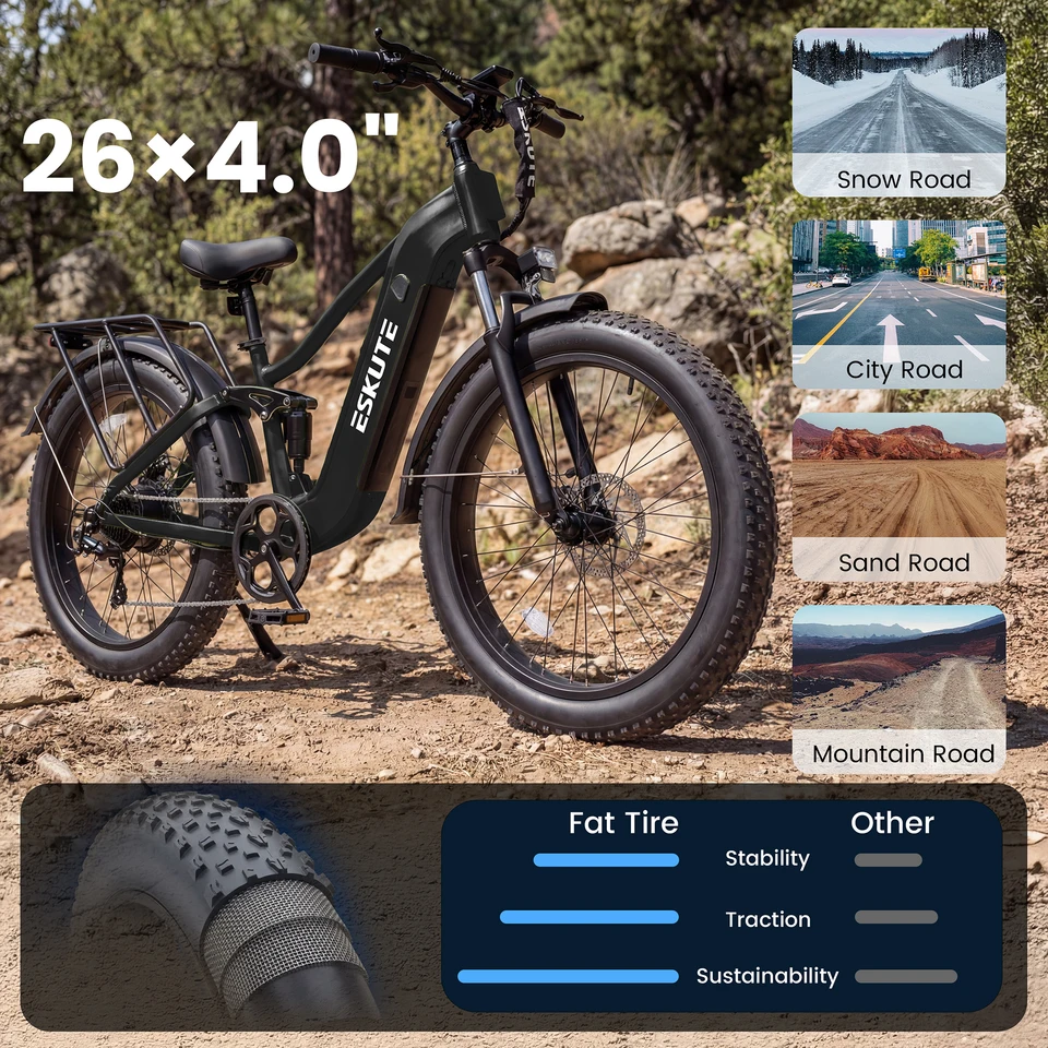 ESKUTE C300R-SO - Full Suspensions -  Electric Bike for Adults ，48V20.8Ah Battery Ebike up to 80 Miles, Peak, 26x4.0 Fat Tire Step-Over Ebike, 8-Speed, UL2849 E-Bike image 7