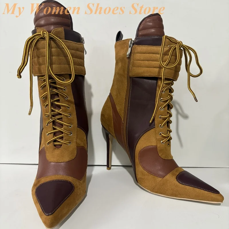 الدانتيل يصل المرقعة الكاحل الجوارب مثير مدبب تو خنجر رقيقة عالية الكعب المدرج 2026 الشتاء الخريف النساء فستان أحذية سستة #5