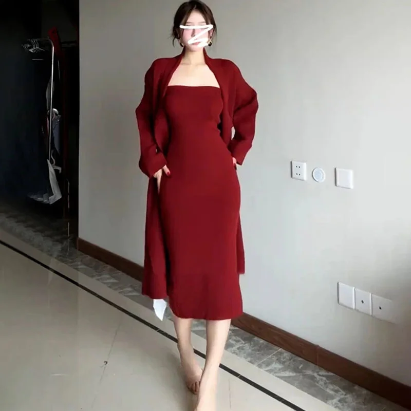 Female Long Sleeves Top Dress 2PCS Autumn Ladies Casual Knitted Dresses Suit French Women Fashion Sweater Dresses Two Piece Suit
