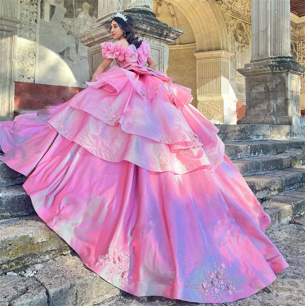 Roze Baljurk Quinceanera Jurken Van De Schouder Mexicaanse Vestidos De 15 Anos Kanten Appliques Bloem Junior Prom-Jurk