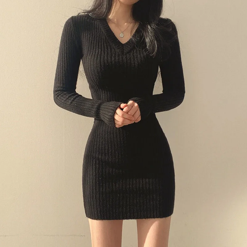 Long Sleeve Knitted Dresses for Women Black Sexy V-Neck Bodycon Mini Dress Woman High Waist Short Dress New