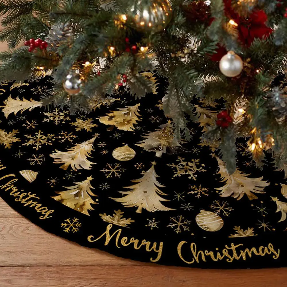 

60/90/120cm New Christmas Tree Skirt Short Plush Printed Tree Skirt Gold Christmas Tree Pattern Christmas Tree Base Apron