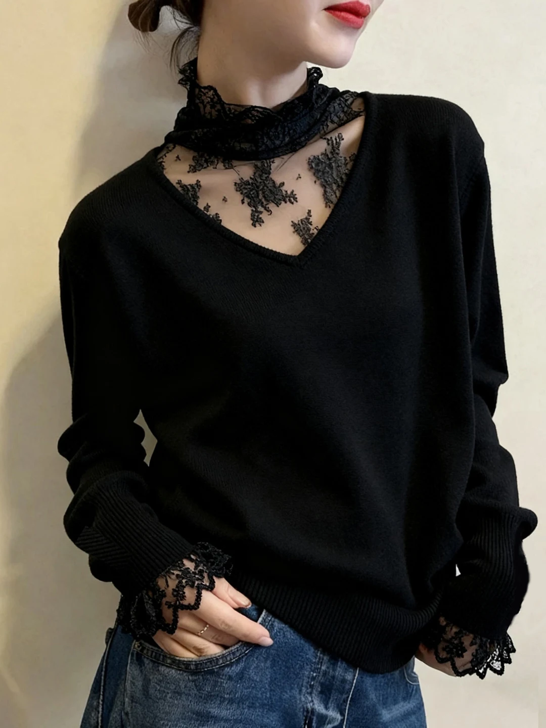 

Ele High Collar Knitted Sweater Women's Long Sve Lace Embroidery Bla Ribbing Autumn Winter Inner Wear Base Layer Tre...