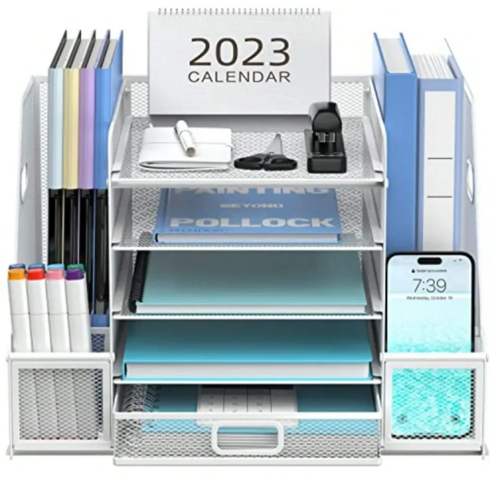 

Mesh Desk Organizer With File Holder, 5Tier Paper Letter Tray Organizer With Magazine Holder, Desktop Organizer And Storage Wit