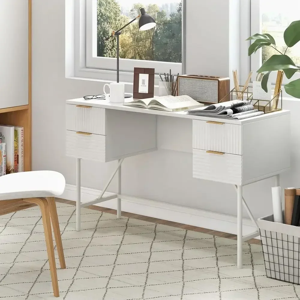 48 Inch Desk with 4 Drawers, Storage, Heavy-Duty Metal Frame, Makeup Vanity, White and Gold Finish for Home Office