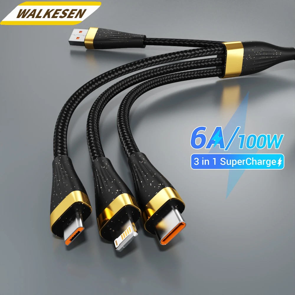

6A 100W 3 In 1 USB Fast Charging Cable For Samsung Xiaomi Huawei Type C Micro Data Wire For iPhone 16 15 Pro Max Phone Cords