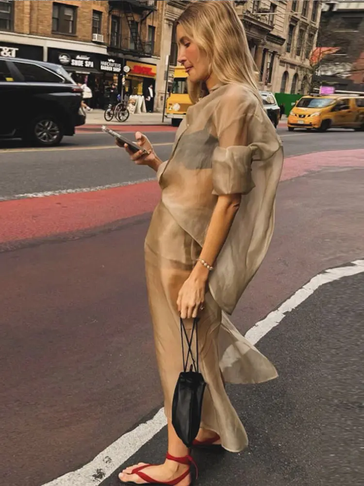 

Women Sexy Solid Gauze See Through Skirt Set Elegant Lapel Long Sleeves Single Breasted Shirt Split Skirts Set Chic Lady Outfits