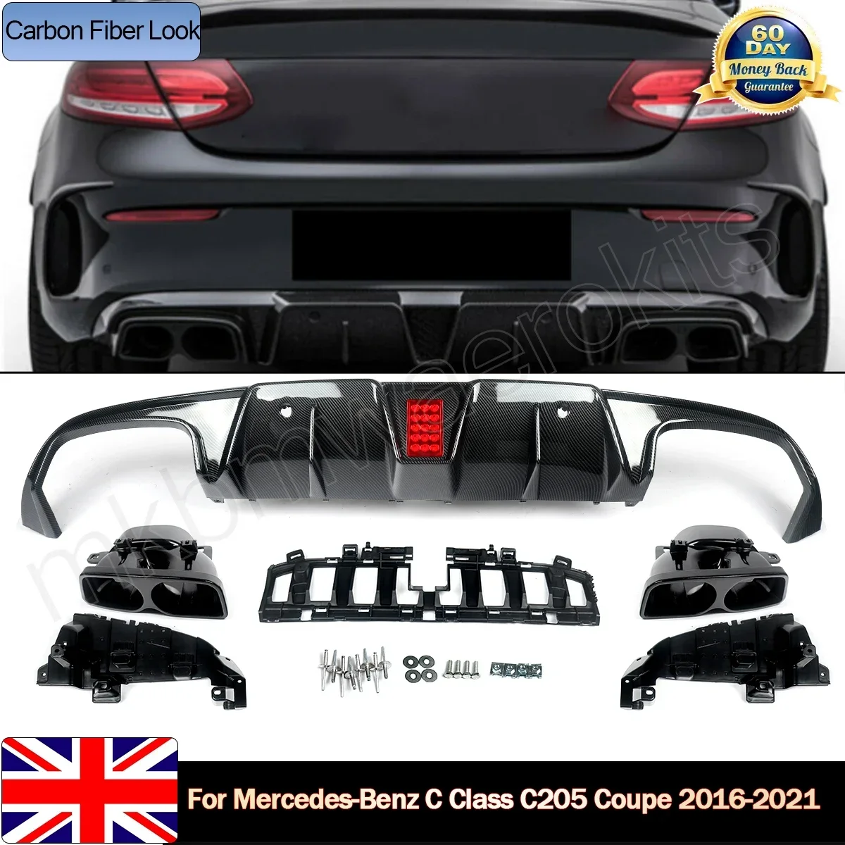 For Mercedes C205 AMG Coupe Carbon Style Real Diffuser & Black Muffler Tips