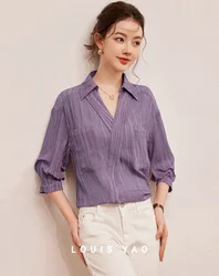 LOUIS YAO 2024 Autumn Lightweight Shirt with Loose Collared Collar, No Bounce Off Shoulder, Seven Quarter Sleeve Women's Shirt