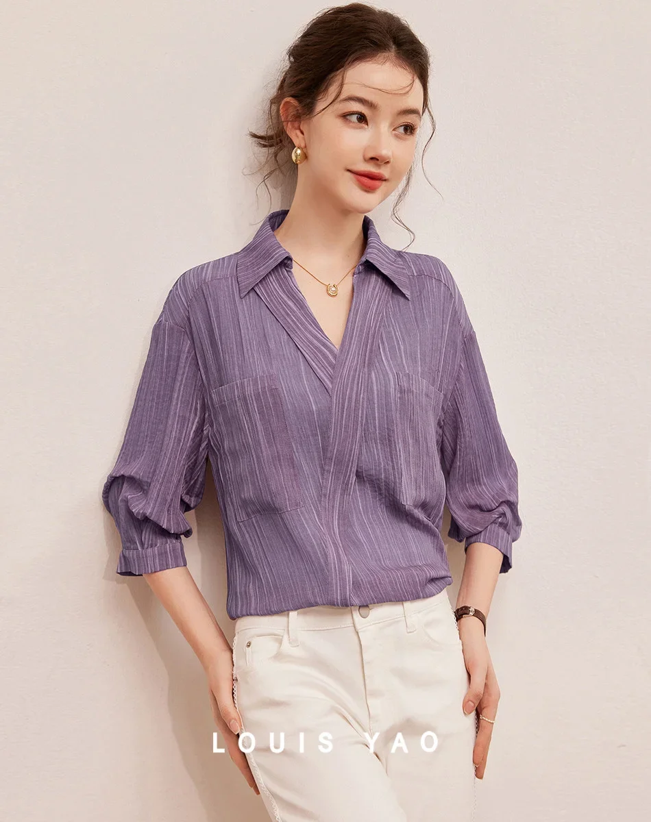 LOUIS YAO 2024 Autumn Lightweight Shirt with Loose Collared Collar, No Bounce Off Shoulder, Seven Quarter Sleeve Women's Shirt