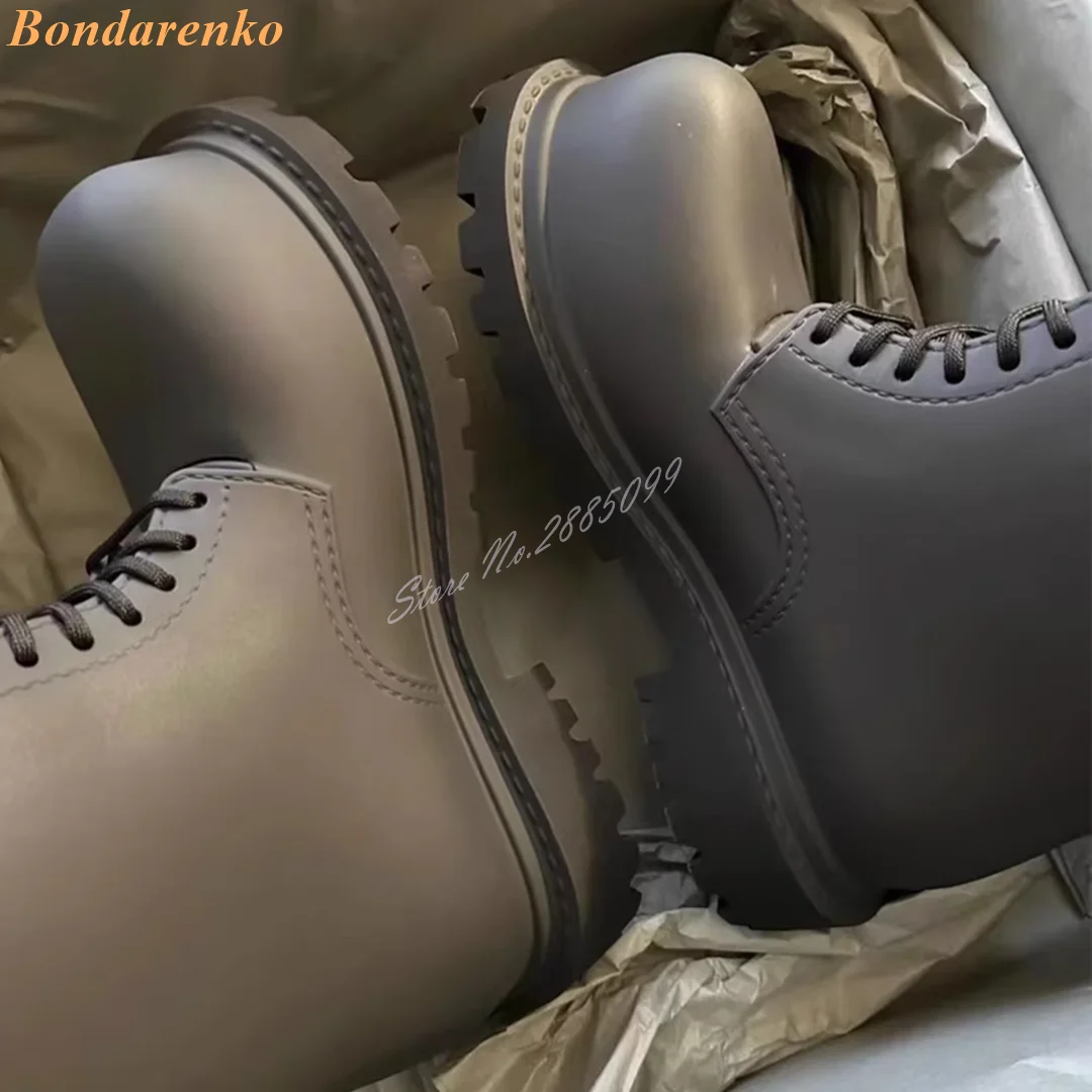 Lace Up Mid Calf Boots Big Round Toe Thick Sole Solid Women and Men Shoes Autumn Winter New Style Boots Leather Designer Party