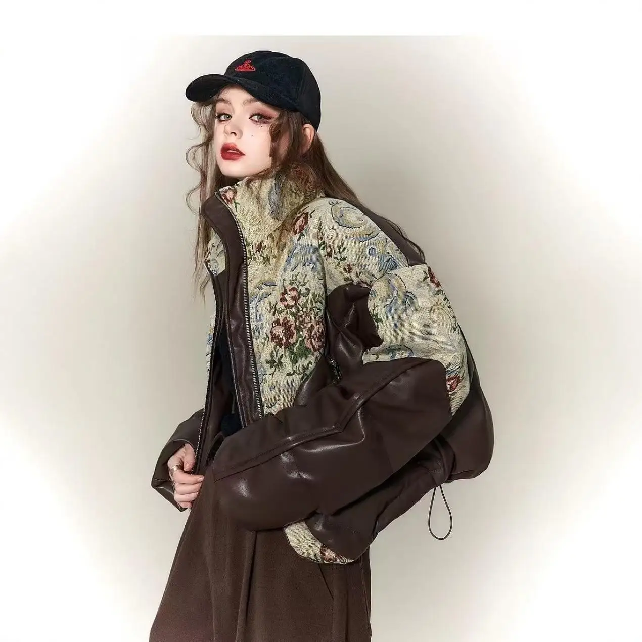 

Winter new trendy down jacket women's embroidered pu protein leather thickened white duck down warm trendy jacket