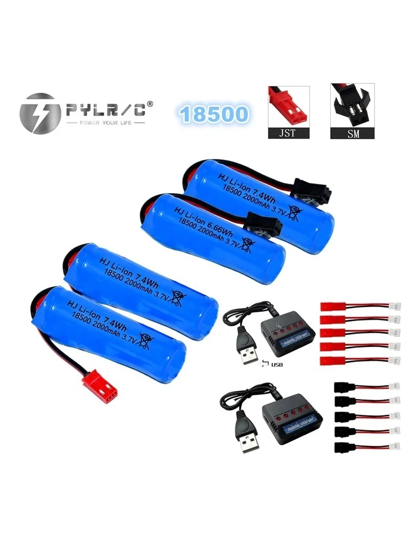 Batterie Lithium-Ion Rechargeable haute capacité 3.7V 18500 2000mAh pour voitures RC, cylindrique avec prise SM JST avec chargeur