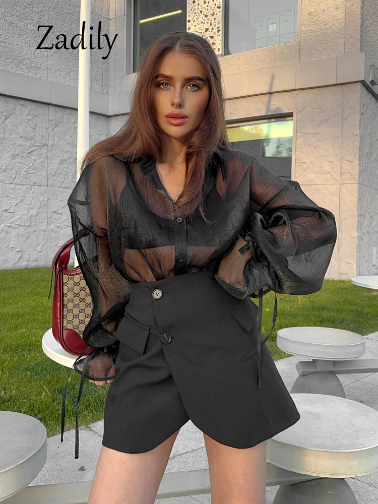 Zadily 2024 Summer Sexy Women Loose Black Shirt Korea Style Long Sleeve Transparent Ladies Blouse Button Up Chiffon Woman Tops