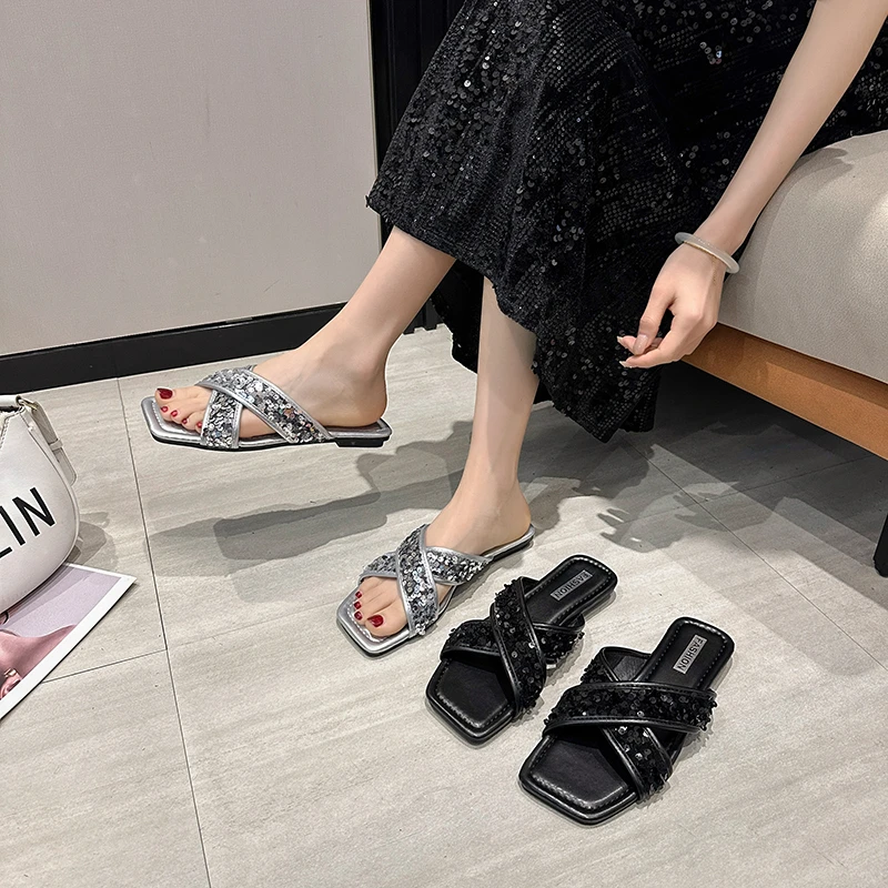 

Summer Elegant Square Casual Flat Slippers Fashionable Hot Selling New Comfortable Lightweight Daily Large Size Women's Shoes