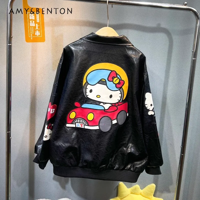 

Fashion Brand Heavy Industry Embroidery Cartoon Coat Women's 2025 Autumn New Loose Casual Long-sleeved Leather Jacket Outwear