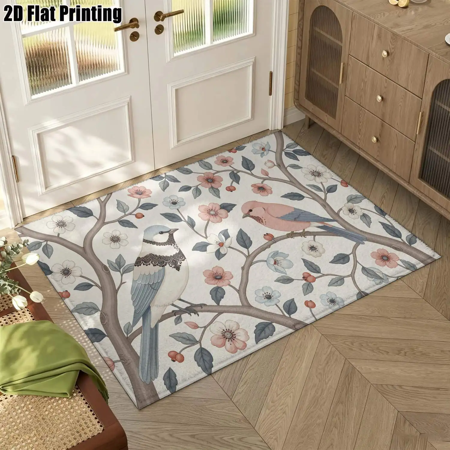 1Pc 2D Printed Carpet: Pink White Blue Floral Bird Motif, Nordic/Instagram Vintage Home Decor, Multi-Size Machine Washable Floor Mat for Entrance, Dining, Foyer, Study, Living Room, Bedroom