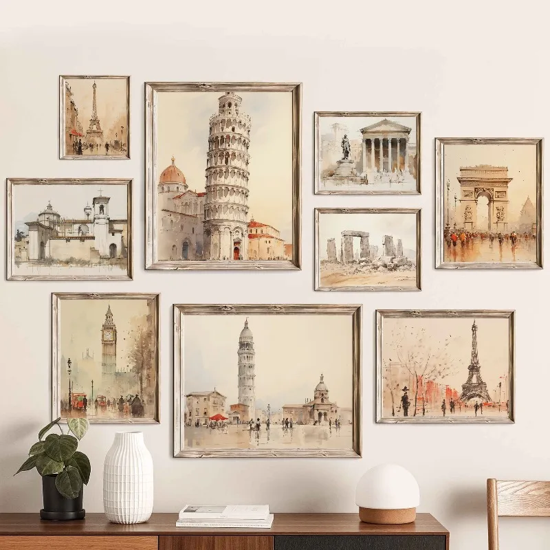European Cityscape Canvas Print Set of Paris London Pisa Rustic Landmark Wall Art for Cafe Home Neutral Nordic Decor for Men
