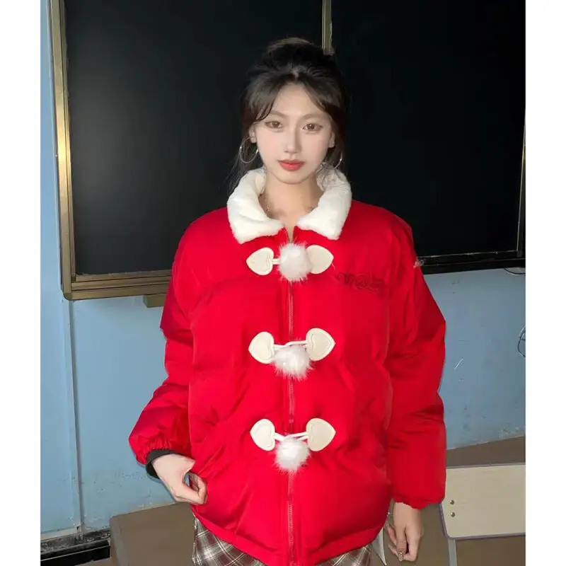 

Студенческая хлопковая стеганая куртка для девочек, женская рождественская хлопковая плюшевая куртка-пуховик с пряжкой из овечьего рога, утепленная зимняя хлопковая куртка-пуховик