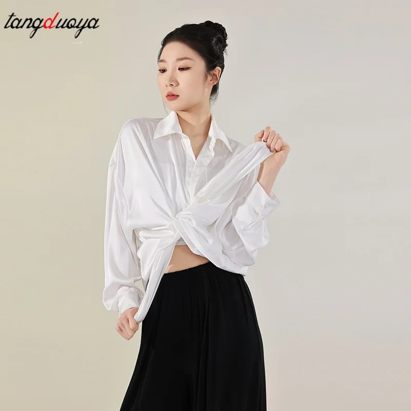 Modern dance costumes Women Men Loose Satin Shirts Long Sleeve Dance Shirt Classical Dance Top Button Elegant Shirts Solid Blous