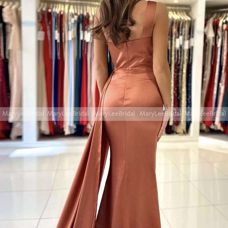 Robes de soirée sirène marron caramel avec long ruban, tenue de soirée de standing, asymétrique, épaule dénudée, froncée, brillante, marron Caramel, avec ruban Long, 2022,robe de soirée de mariage