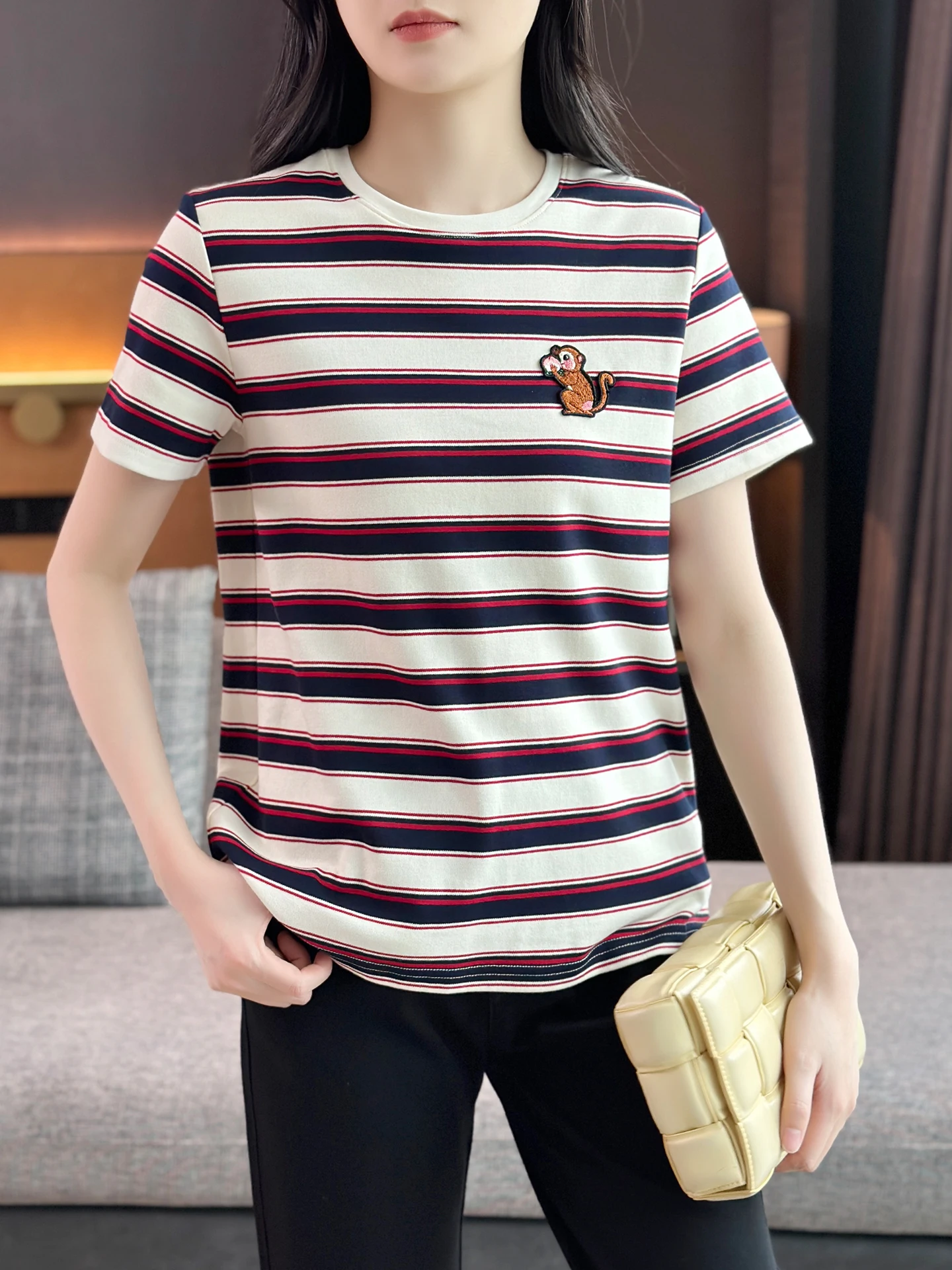 

Футболка Zuozhujia из новогодней серии, с коротким рукавом, круглым вырезом, в полоску, с вышивкой, из чистого хлопка, повседневная, свободного кроя, весенняя