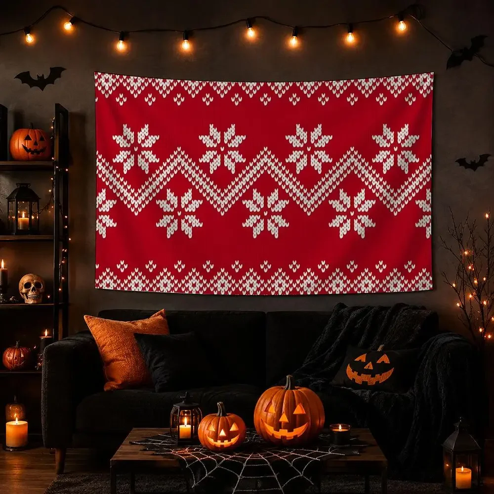 Red White Xmas PrintTapestry Polyester Wall Tapestry, Warm Bedroom Background Cloth Healing Household Decoration Wall Decor Gift