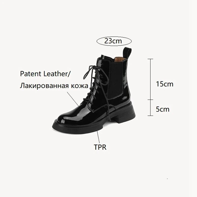 NEW Fall Shoes Women Patent Leather Boots Round Toe Chunky Heel Women Boots Winter Solid Lace-up Ankle Boots Western Boots Women