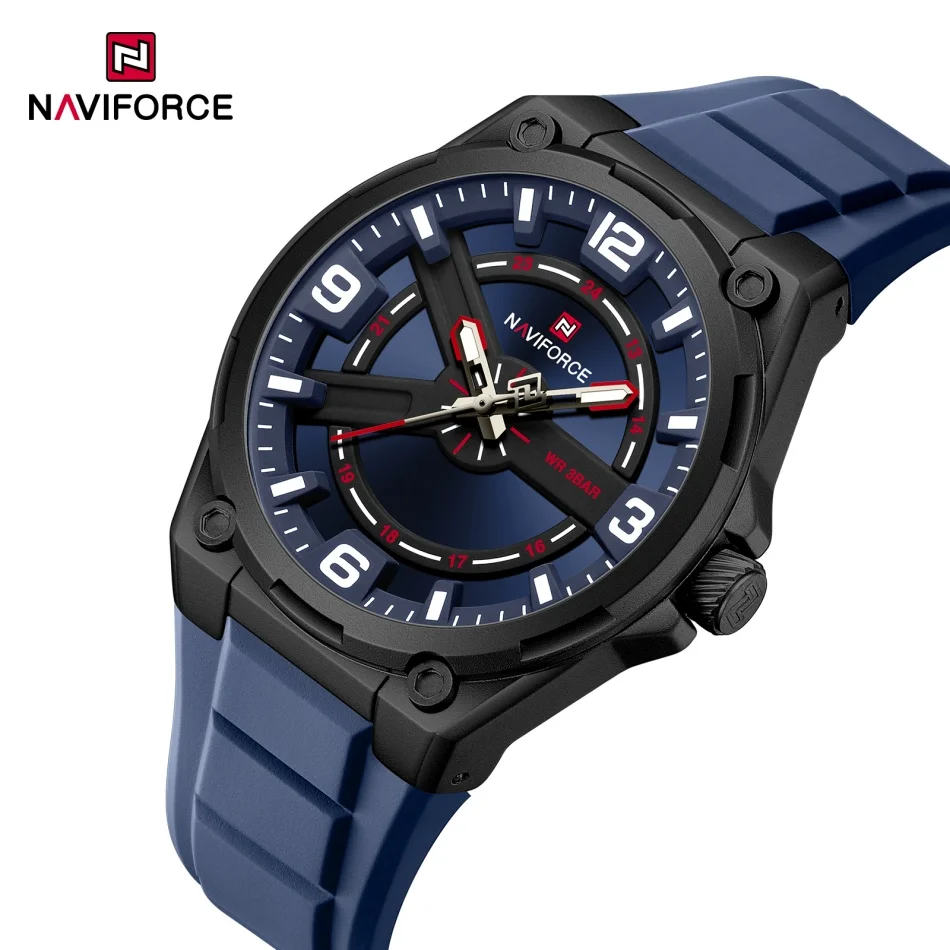 NAVIFORCE Mens Fashion Quartz Wristwatch Luminous Pointer Waterproof Silicone Strap Male Daily Sport Timepiece Reloj Hombre