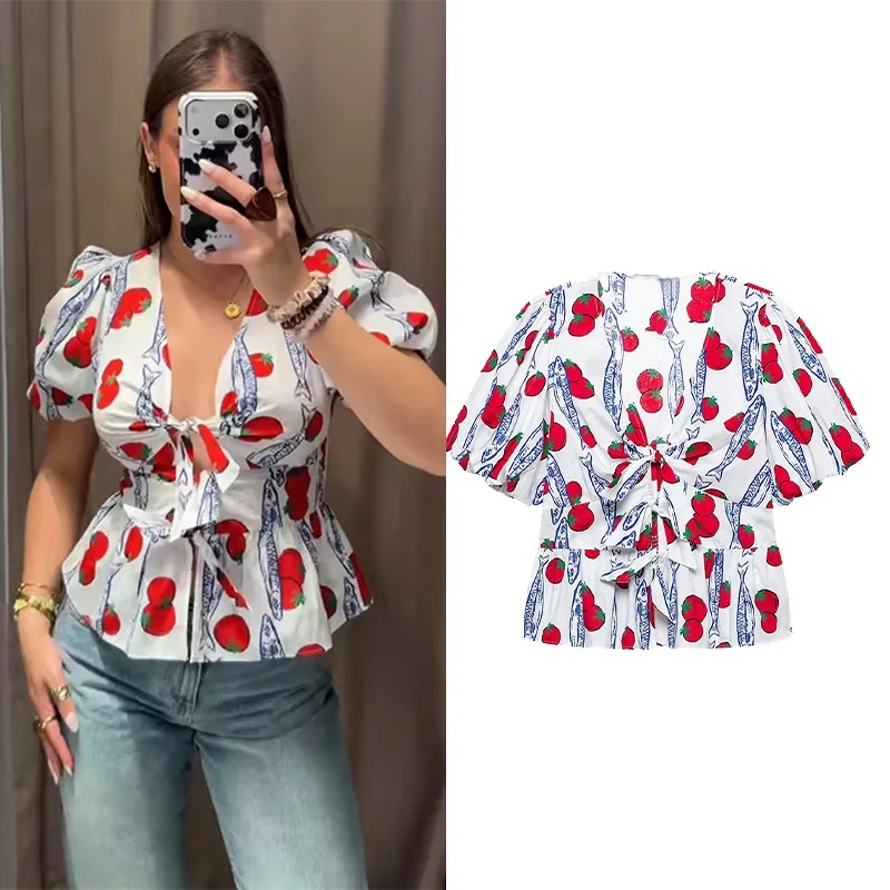 Women's Printed Shirt with Bows New 2026 Summer Simple Women V Neck Short Sleeve Shirts & Blousers Flared Hem Female Chic Tops