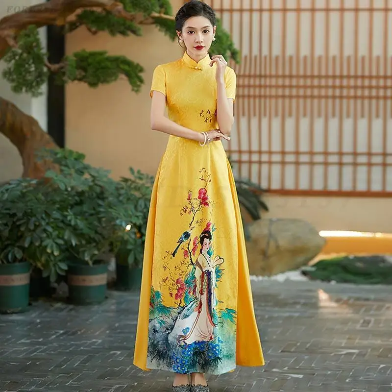 

Модный показ Aodai Cheongsam, элегантное платье трапециевидной формы в китайском стиле, сценический костюм, большой размер 5XL, длинное платье Ципао, Vestidos