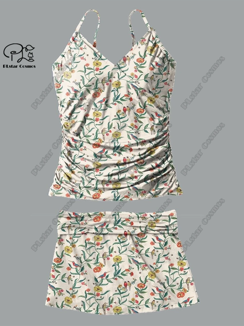 Dames V-hals zomer kleine frisse bloemen dierenprint jarretelrokje stijl tweedelig badpak pak vakantie nieuw badpak Q-2