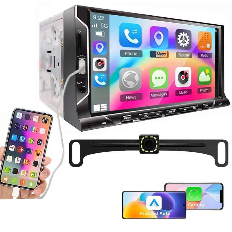 7 Inch Double Din Car Stereo Support Apple CarPlay Android Auto Mirror Link Capacitive Touchscreen Monitor Car Play Radio with B