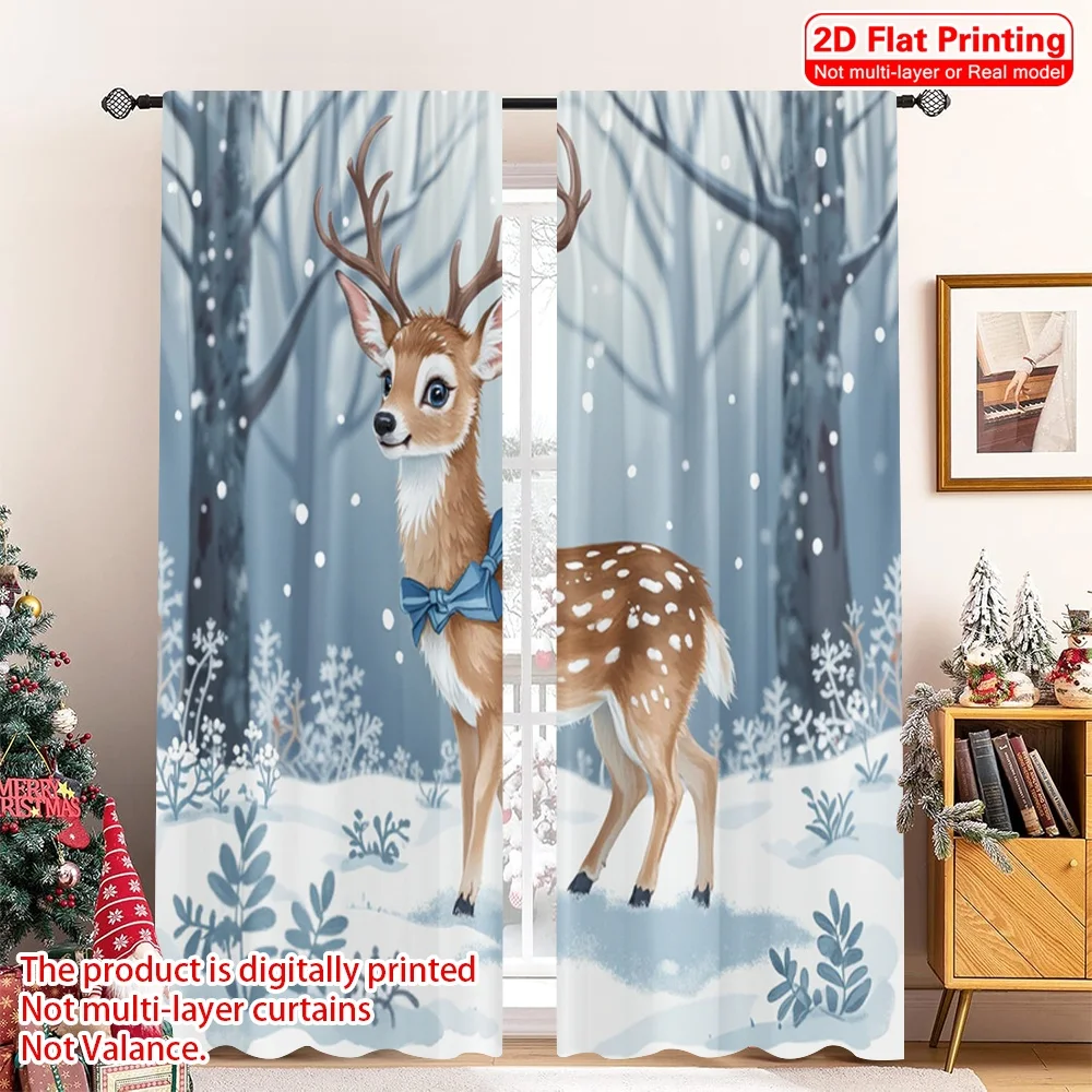

2pcs 2D flat printing Christmas Curtain Cute fawn winter forest bow Polyester Without Electricity 0 Use for Indoor Celebrations