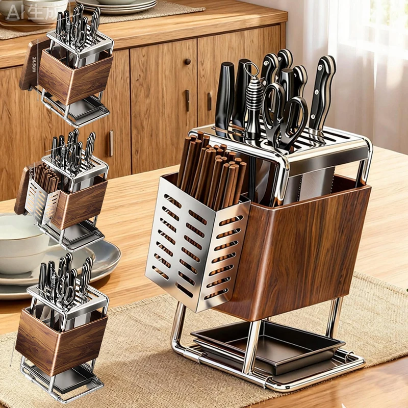 

Modern Knife Storage Rack Stainless Steel Detachable Drainage No Installation Countertop Organizer Non-Slip Surface for Kitchen