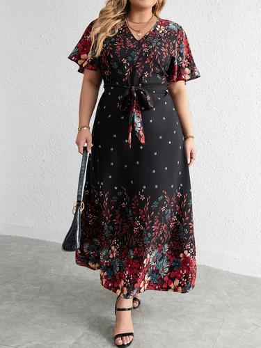 Imagen 1 del producto Vestido informal de talla grande para mujer, vestido largo con estampado Floral de manga corta y cuello de pico, ropa negra de talla curvada para mujer 2024