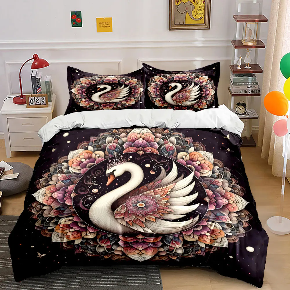 Elegant Swan Mandala Three-Piece Set Exquisite three-piece bedding set gift for kids and adults