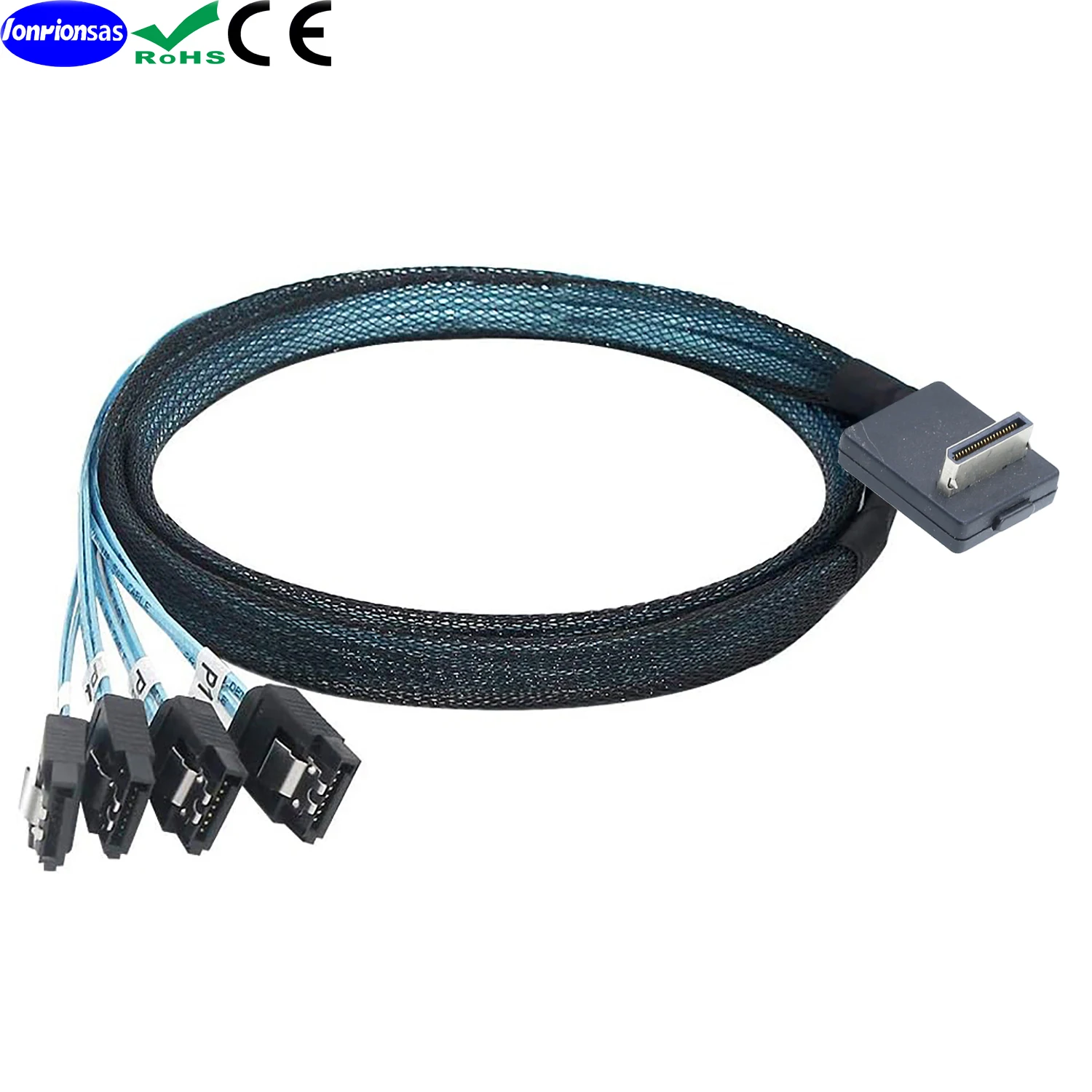 LONRIONSAS# OcuLink PCIe PCI-Express SFF-8611 4i 42P Male 90 Degree to 4X SATA 7P Female Straight SSD Data Active Cable