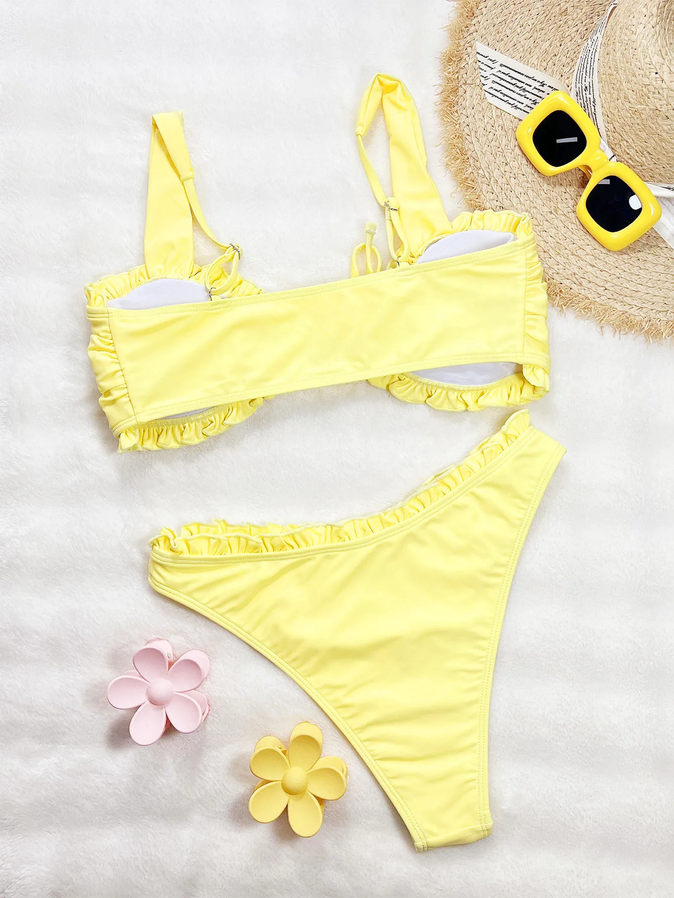 Sexy babados amarelo liso frente laço conjuntos de biquínis duas peças maiô roupa de banho praia outfits biquini tankini