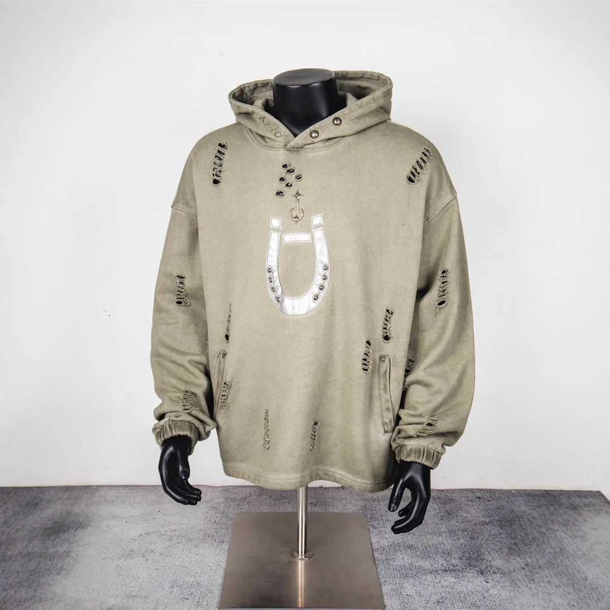 Thug Club Street Hip Hop Washed Cut-up Leather Embroidered Loose Buttoned Hooded Sweatshirt Trend