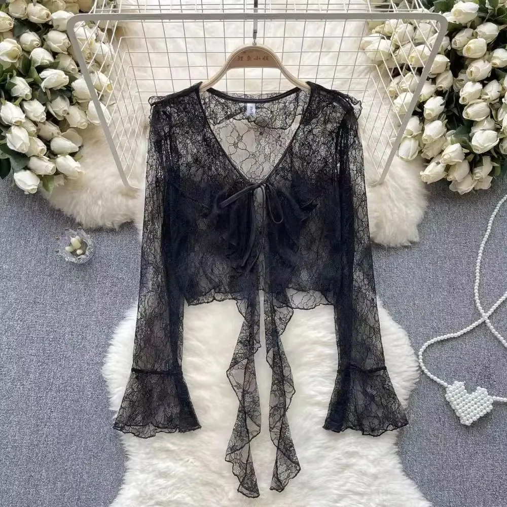 Summer Sweet Women Sun Protection Blouse Fashionable Bell Sleeve Lace Sheer Cardigan Tops Korean Elegant Ruffled V Neck Shirt