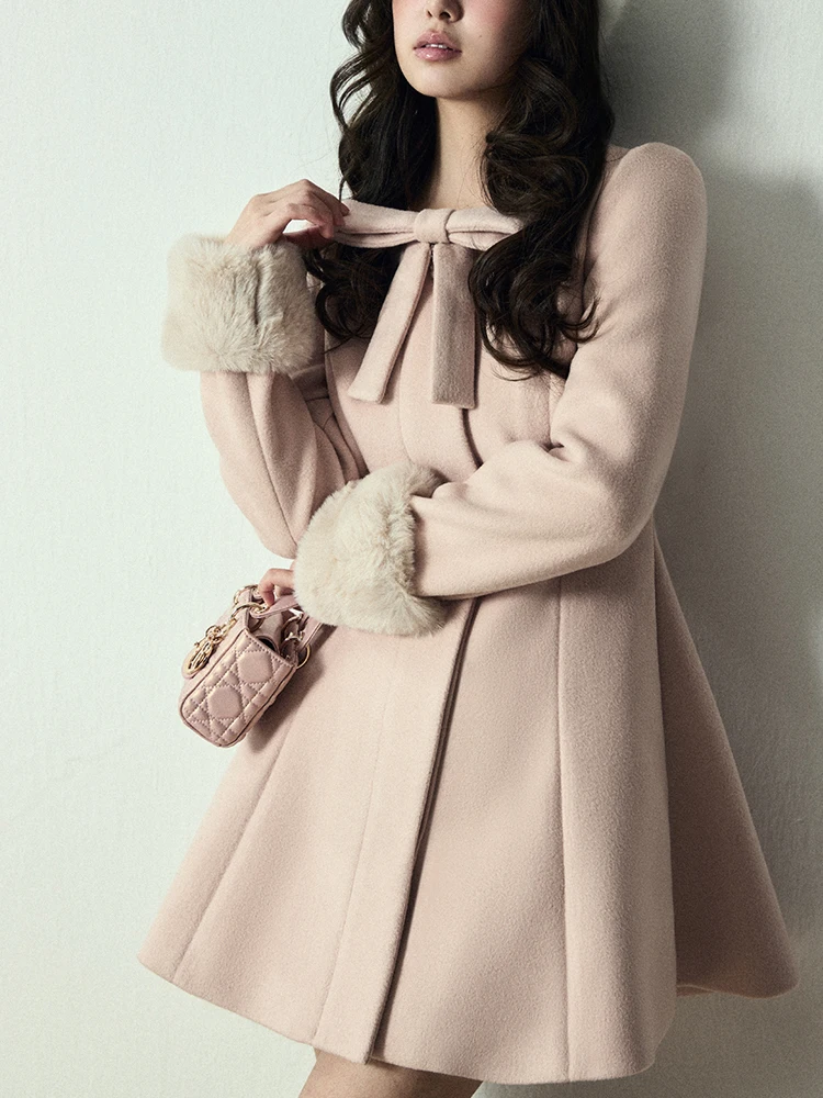 

Pink Ele ort Woolen Coat Women's Winter 2025 New Sle Fur Collar Waist-Cinching Slimming Outerwear French Sle