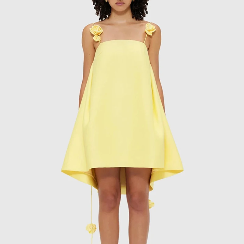 Summer Satin Thin Women\'s Party Dress Fashion Hollow Sleeveless Holiday Dresses Yellow Rose Flower Suspenders Mini Dress Vestido