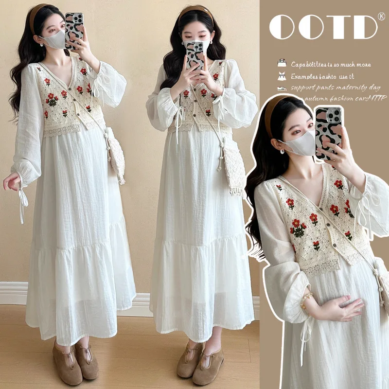 

Autumn Maternity Dress - Crochet Vest Mock Two-Piece Dress, Fresh & Youthful Outerwear Pregnancy Gown with Slimming Silhouette
