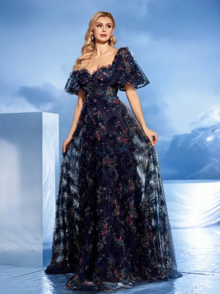 Vestido de fiesta ajustado de manga corta con estampado de flores de alta gama Vestido de noche elegante 1542