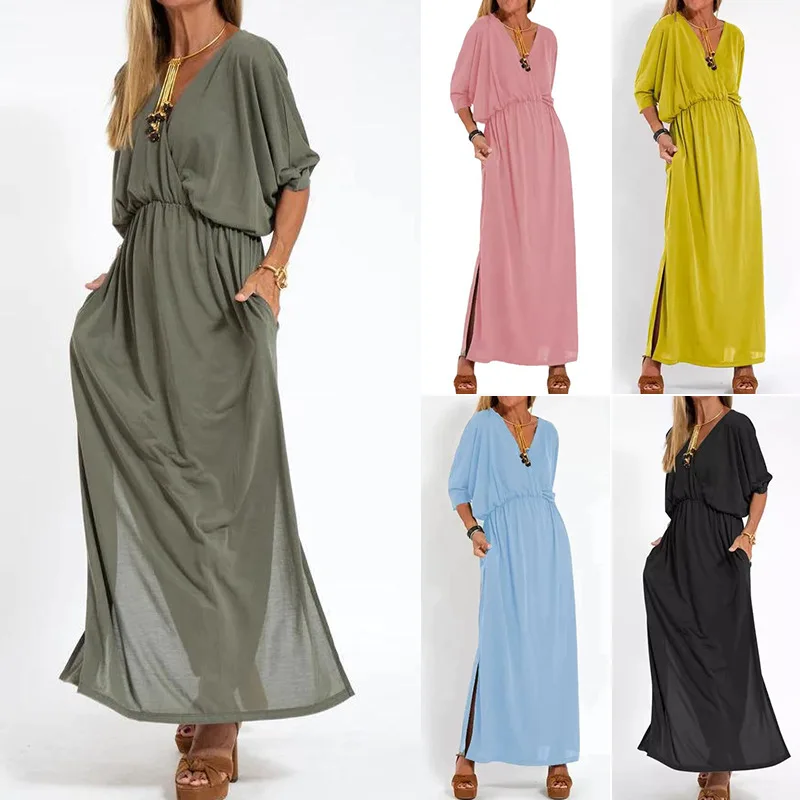 

2025 European And American Summer New Fashionable Solid Color High Waist Split Women's V-neck Dress